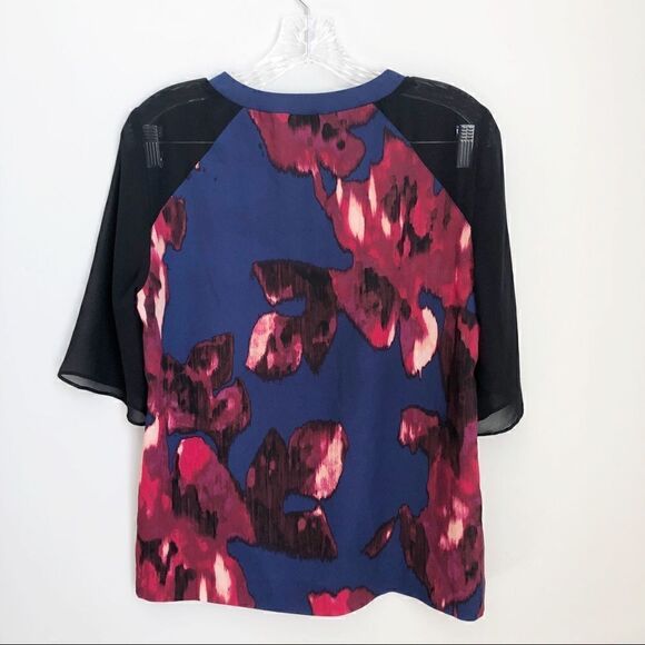 DKNYC Floral Chiffon Black Blue Red Blouse S - Picture 3 of 7